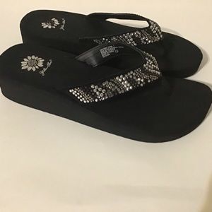 Yellow Box Wedge Flip Flops with Crystals.